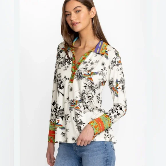 Johnny Was Floral and Bird Print Long Sleeve Shirt. Dreamer Garden. Size Medium - Picture 3 of 5